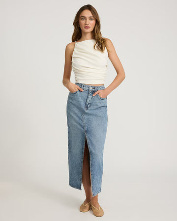 High Waisted Medium Wash Front Slit Maxi Denim Skirt 03