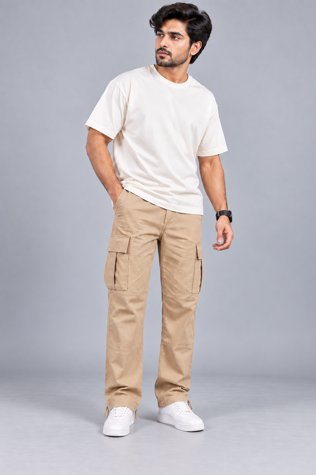 Men Beige Cargo Trousers