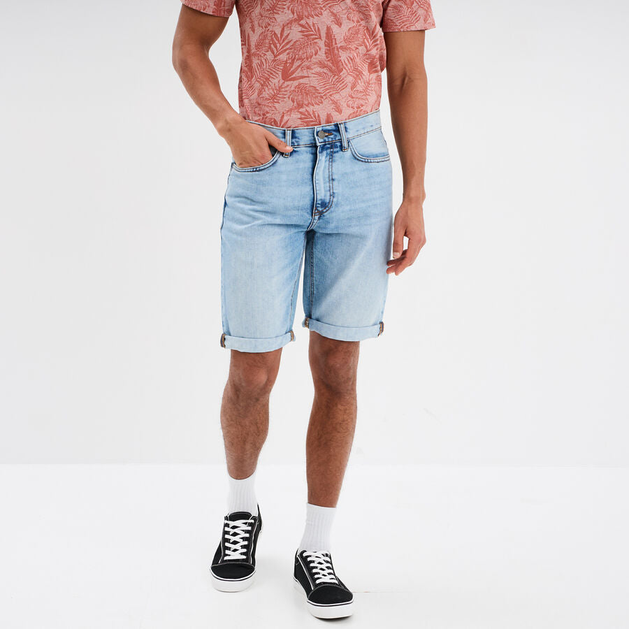 Creeks Men's Bleached Denim Straight Bermuda Shorts
